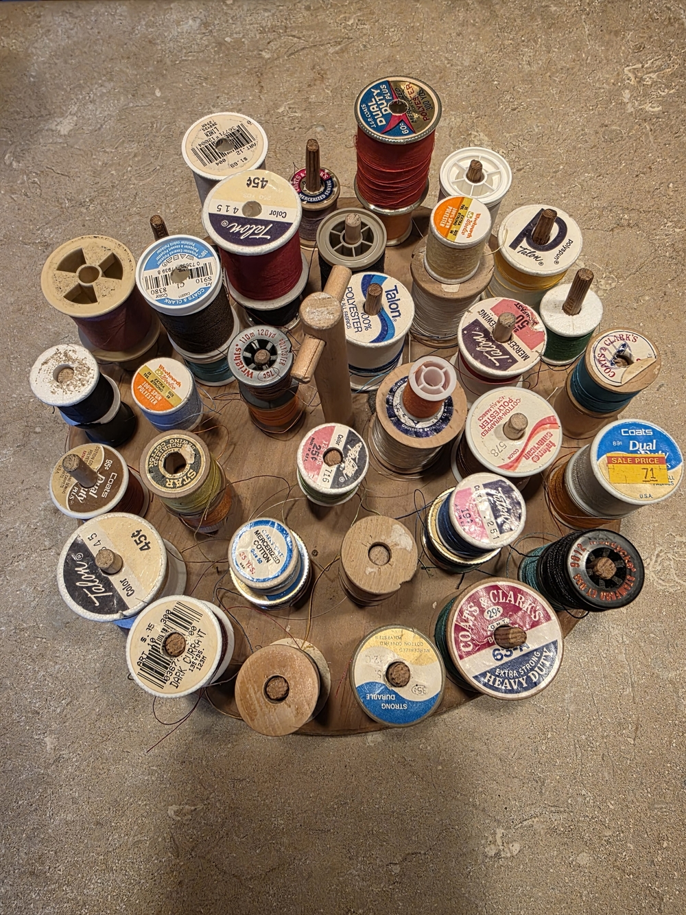 Vintage Wooden Spool Thread Rack with Assorted Thread Colors